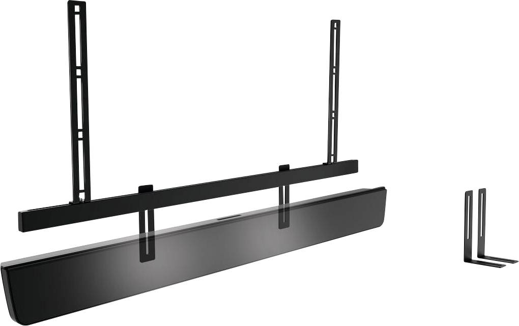 Soundbar-Halterung zur Wandmontage, zeigt Metallbeschläge und Zubehör für die vertikale und horizontale Installation.