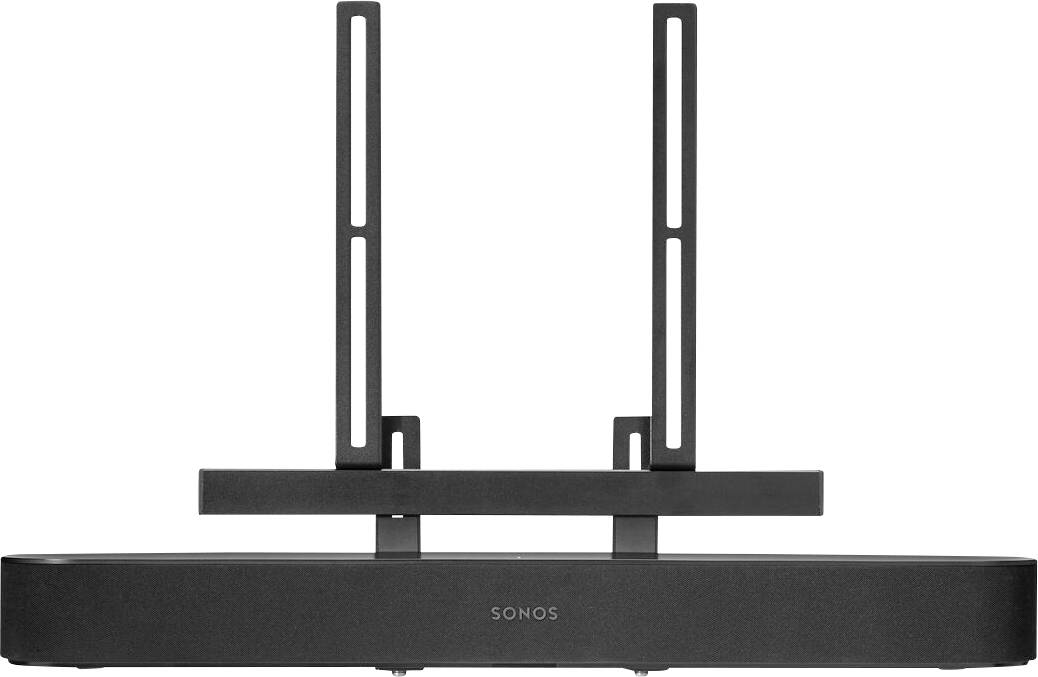 Eine schwarze Soundbar mit zwei vertikalen Halterungen, markiert mit 'Sonos' auf der Vorderseite.