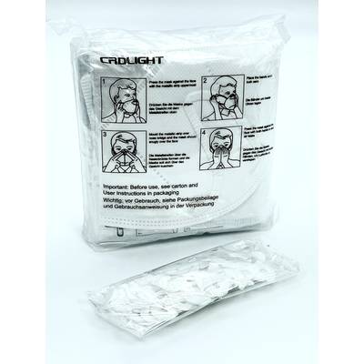Packung mit weißen Atemschutzmasken mit Anleitung zur Anwendung in vier Schritten. Wichtige Sicherheitshinweise auf Englisch und Deutsch.