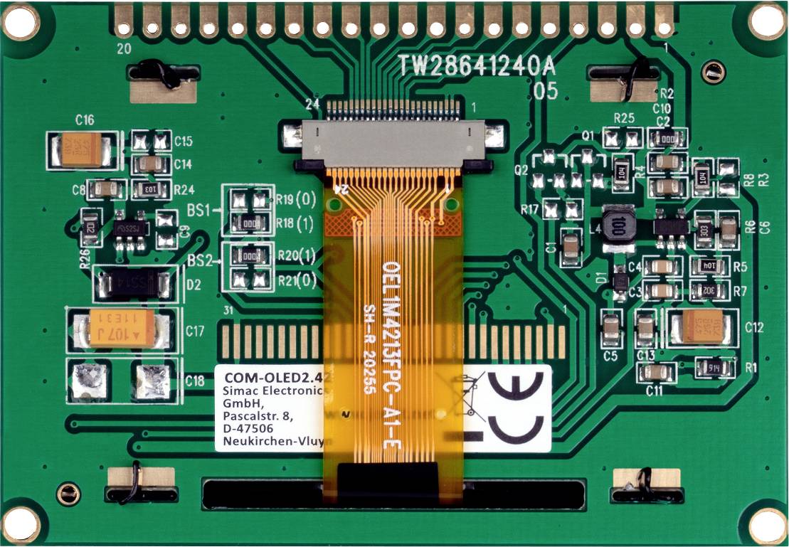 Rückseite einer elektronischen Leiterplatte mit verschiedenen Chips, Widerständen und Steckverbindungen. Seriennummer oben zu sehen.