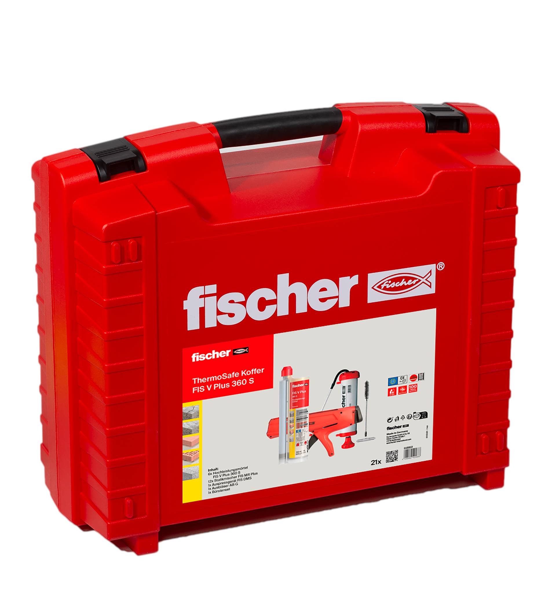Ein roter Kunststoffkoffer zeigt eine Montageset mit einer Kartuschenpistole und mehreren Dübeln in Schaumeinlagen, zur Wandmontage.