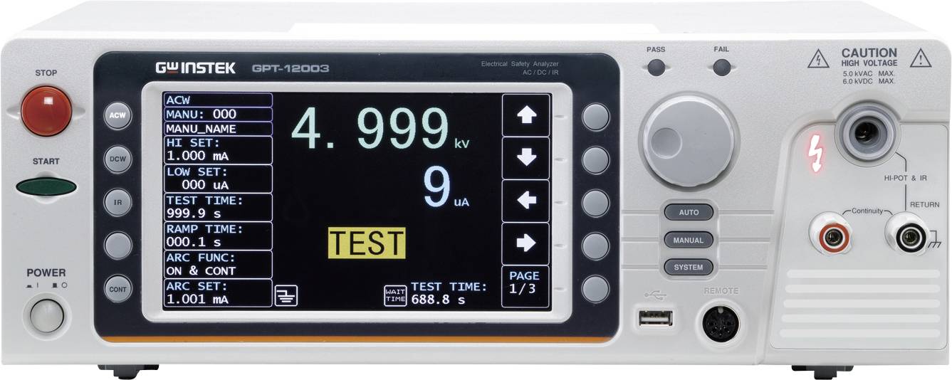 Ein elektrisches Prüfgerät mit digitalem Display zeigt '4.999 kV' und '9 μA' an. Rechts befinden sich diverse Anschlüsse und Warnhinweise.