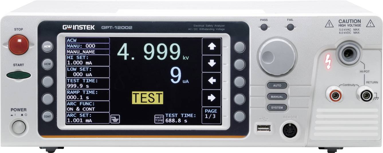 Elektrisches Prüfgerät mit digitalem Display zeigt '4.999 kV' und '9 µA'. Tasten für Einstellungen und Teststart.