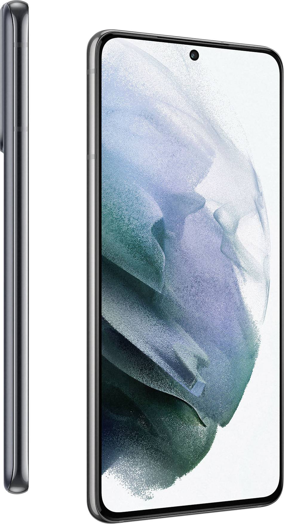 Smartphone mit großem Display, randloses Design, und Kamera-Loch in der Mitte oben. Seitlich schmal, Vorderseite zeigt abstraktes Hintergrundbild.