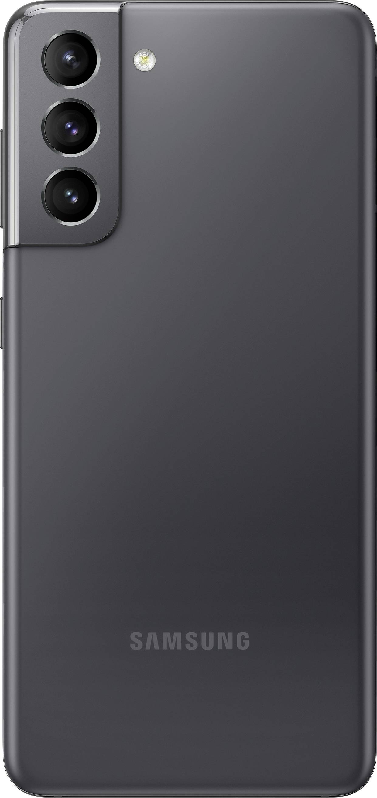 Ein schwarzes Smartphone mit drei Kameraobjektiven auf der Rückseite und dem Samsung-Logo.
