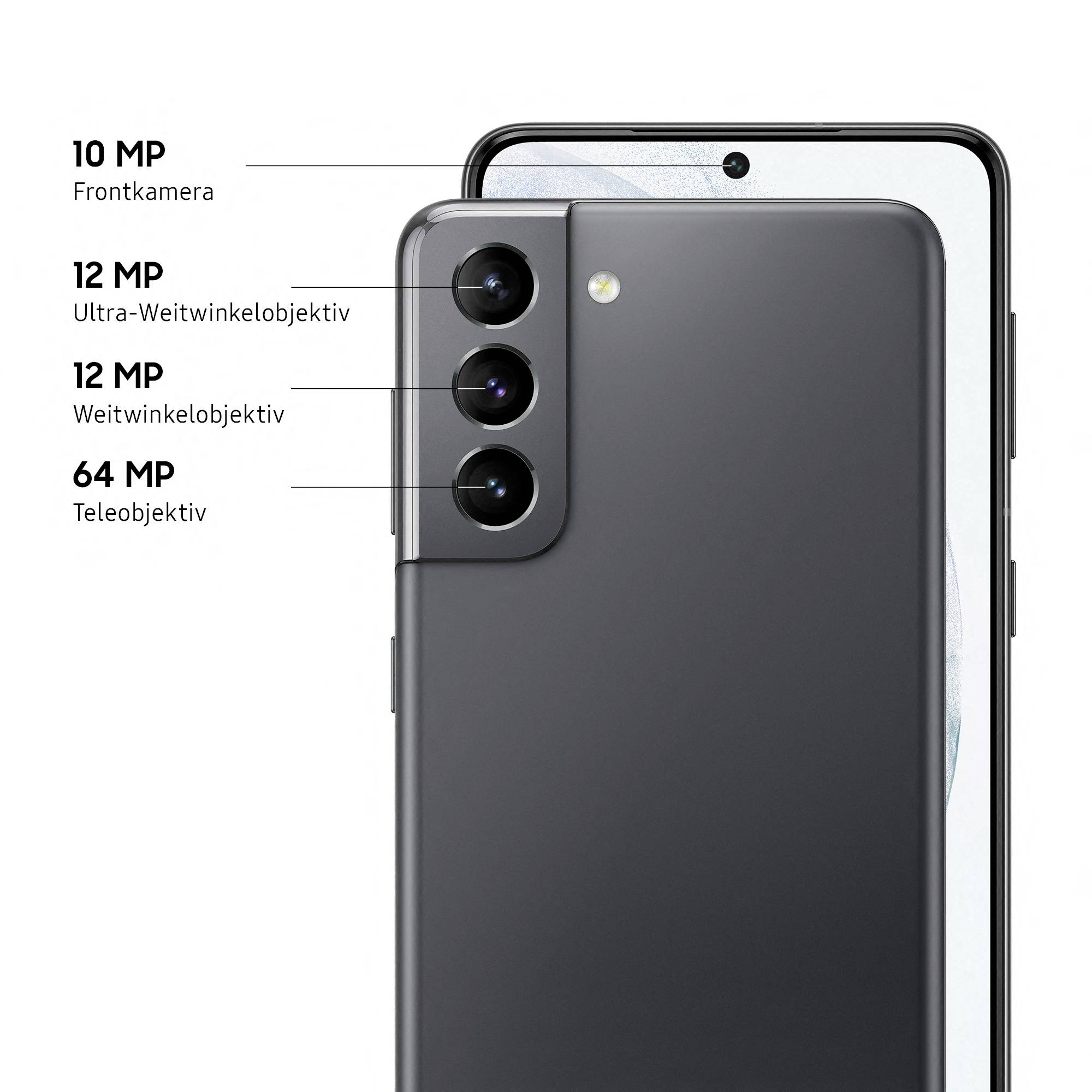 Handy mit drei Kameras: 12 MP Ultraweitwinkel, 12 MP Weitwinkel, 64 MP Teleobjektiv. Frontkamera mit 10 MP Auflösung.