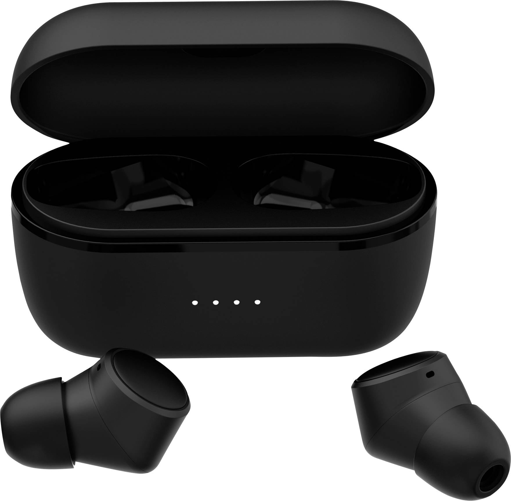 Schwarze kabellose Ohrhörer mit geöffneter Ladebox. Die Ohrhörer sind voneinander getrennt und die Box zeigt einen Ladezustand an.