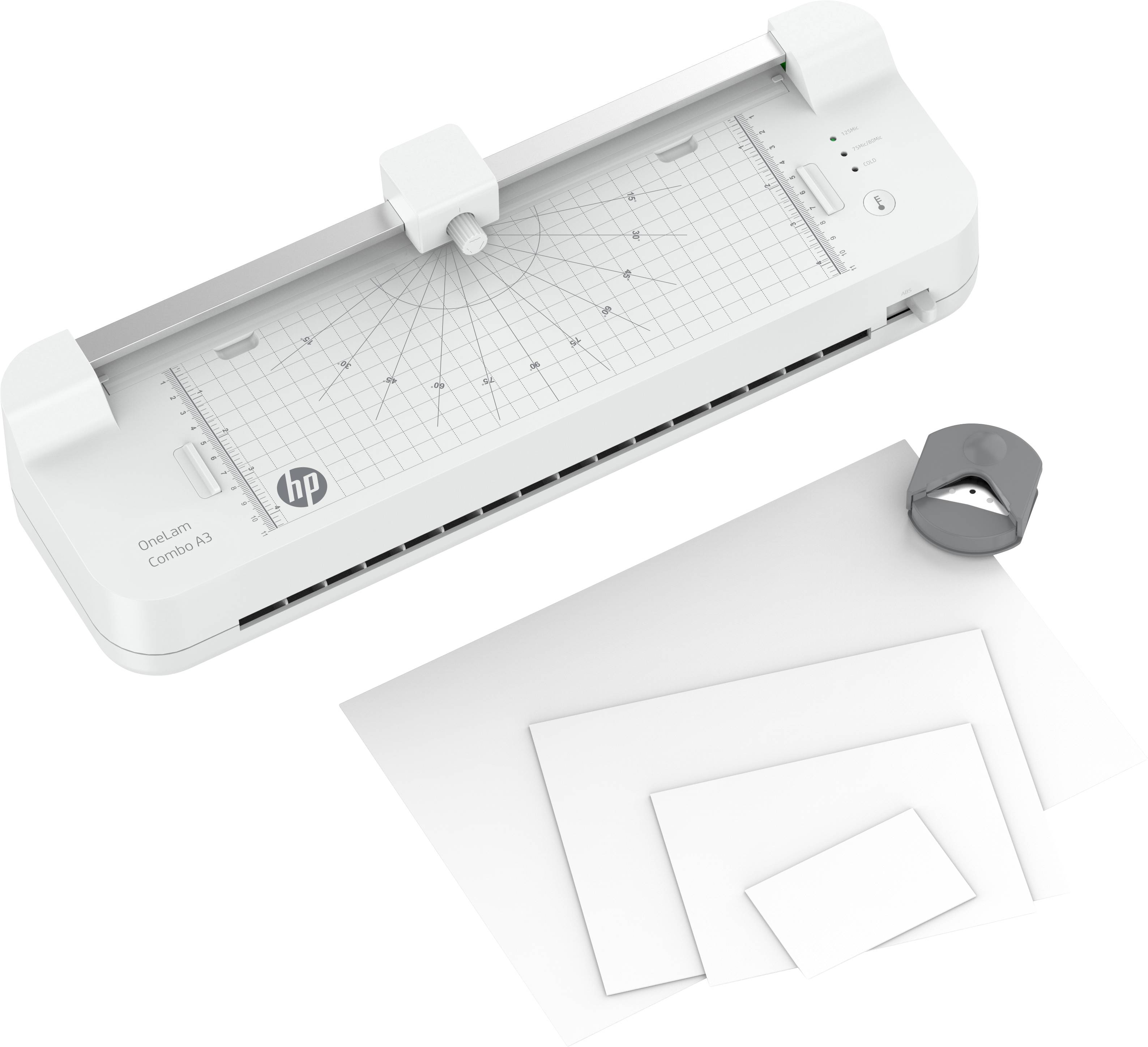 'HP Designjet Cutter' und Papiersortiment, bestehend aus verschiedenen Papiergrößen.