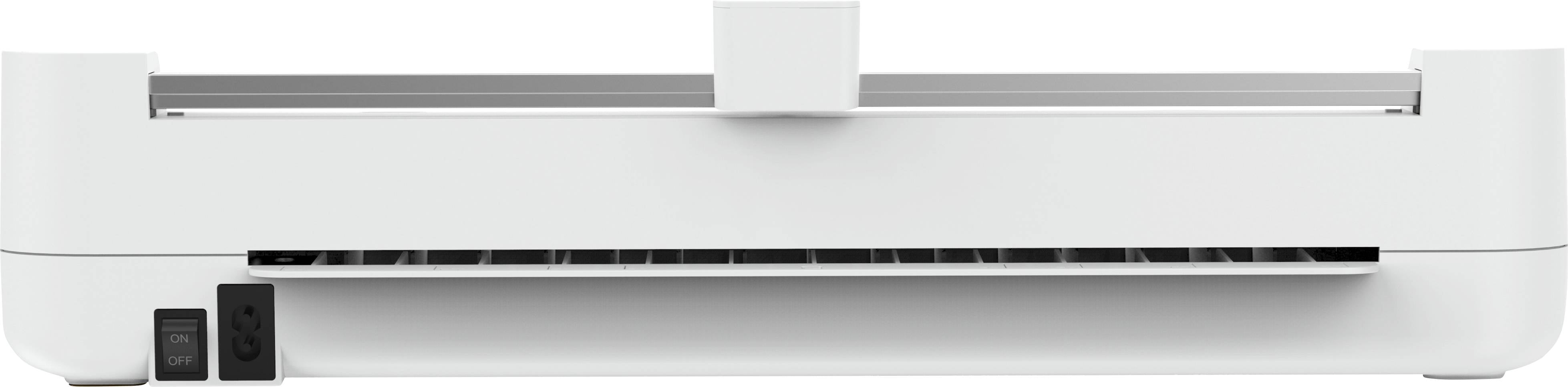 Ein moderner, weißer Drucker mit schlichtem Design, geeignet für den Büroeinsatz. Er hat einen oberen Papiereinzug und Bedienelemente links.