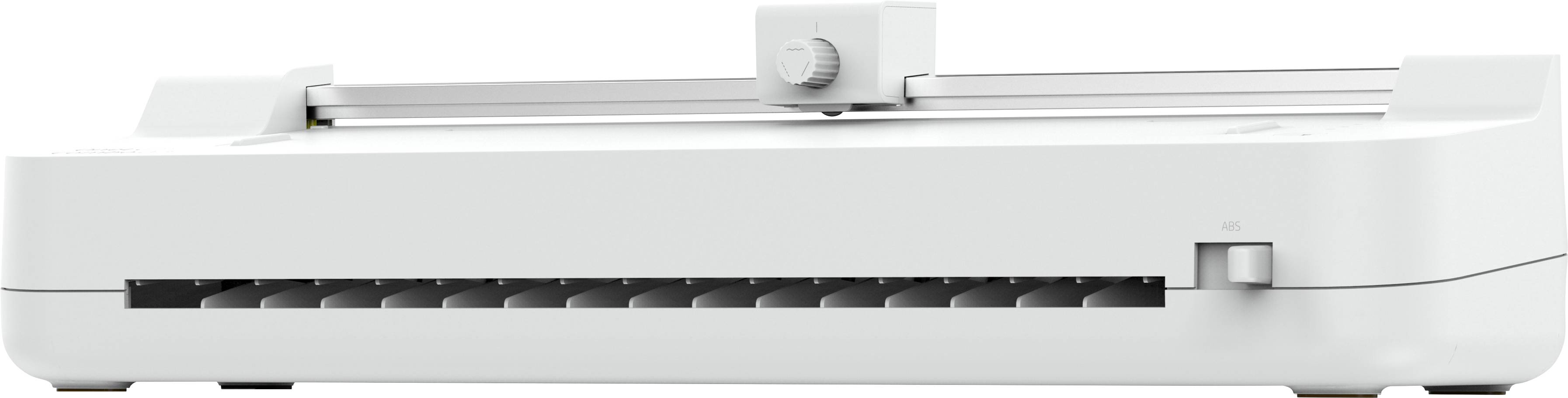 Ein weißer Papierschneider mit einstellbarer Führungsschiene, geeignet für präzise Schnitte in Papierdokumenten.