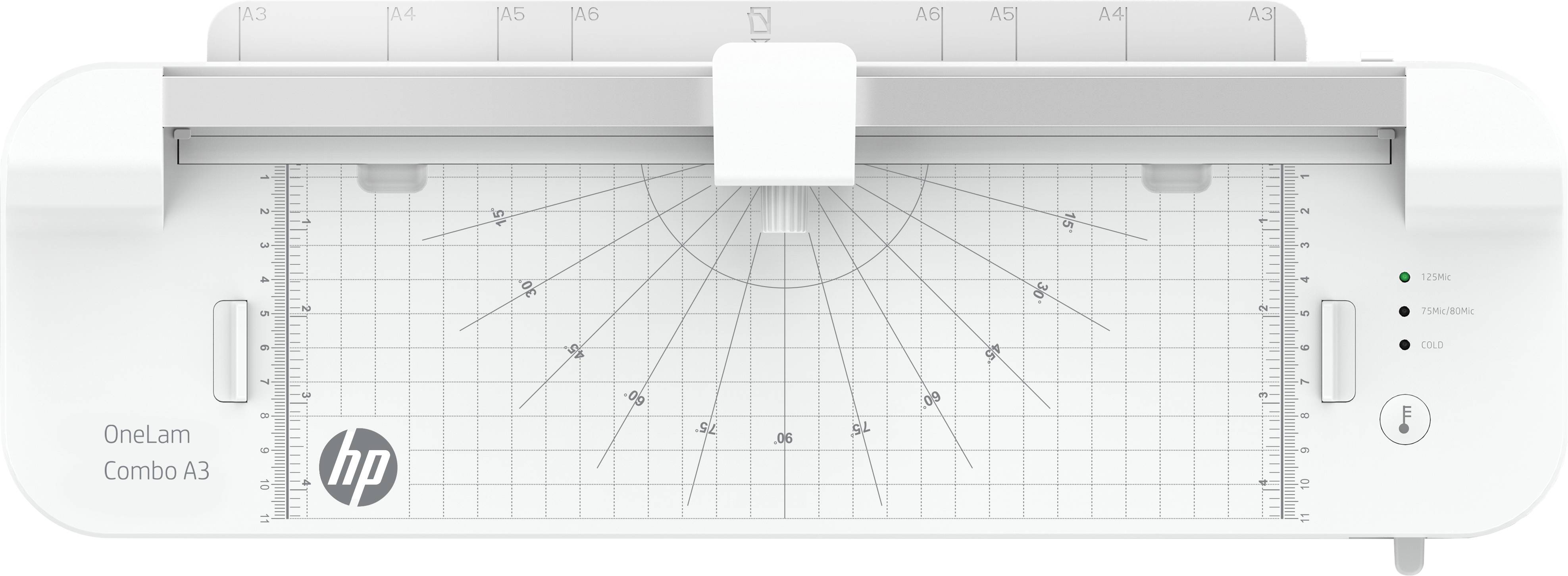 'HP OneLam Combo A3 Laminiergerät mit Schnittführung, Linien und Winkeln auf der Oberfläche. Weiße Farbe mit silbernen Akzenten.'