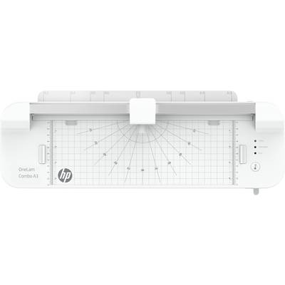 'HP OneLam Combo A3 Laminiergerät mit Schnittführung, Linien und Winkeln auf der Oberfläche. Weiße Farbe mit silbernen Akzenten.'