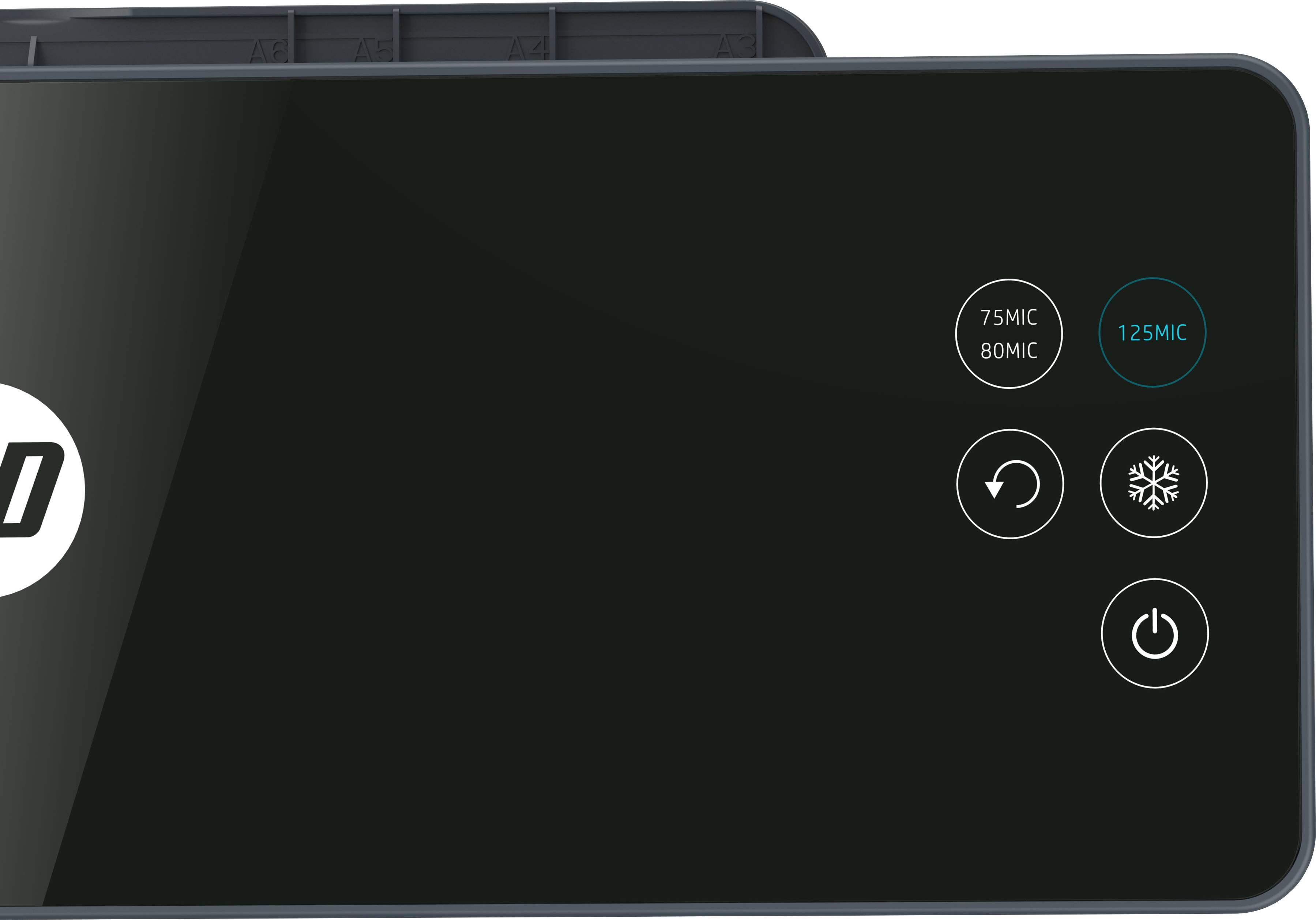 Schwarz glänzendes Bedienfeld eines Laminiergeräts mit runden Touch-Buttons für 75MIC, 80MIC, 125MIC, Kühlung und Power.