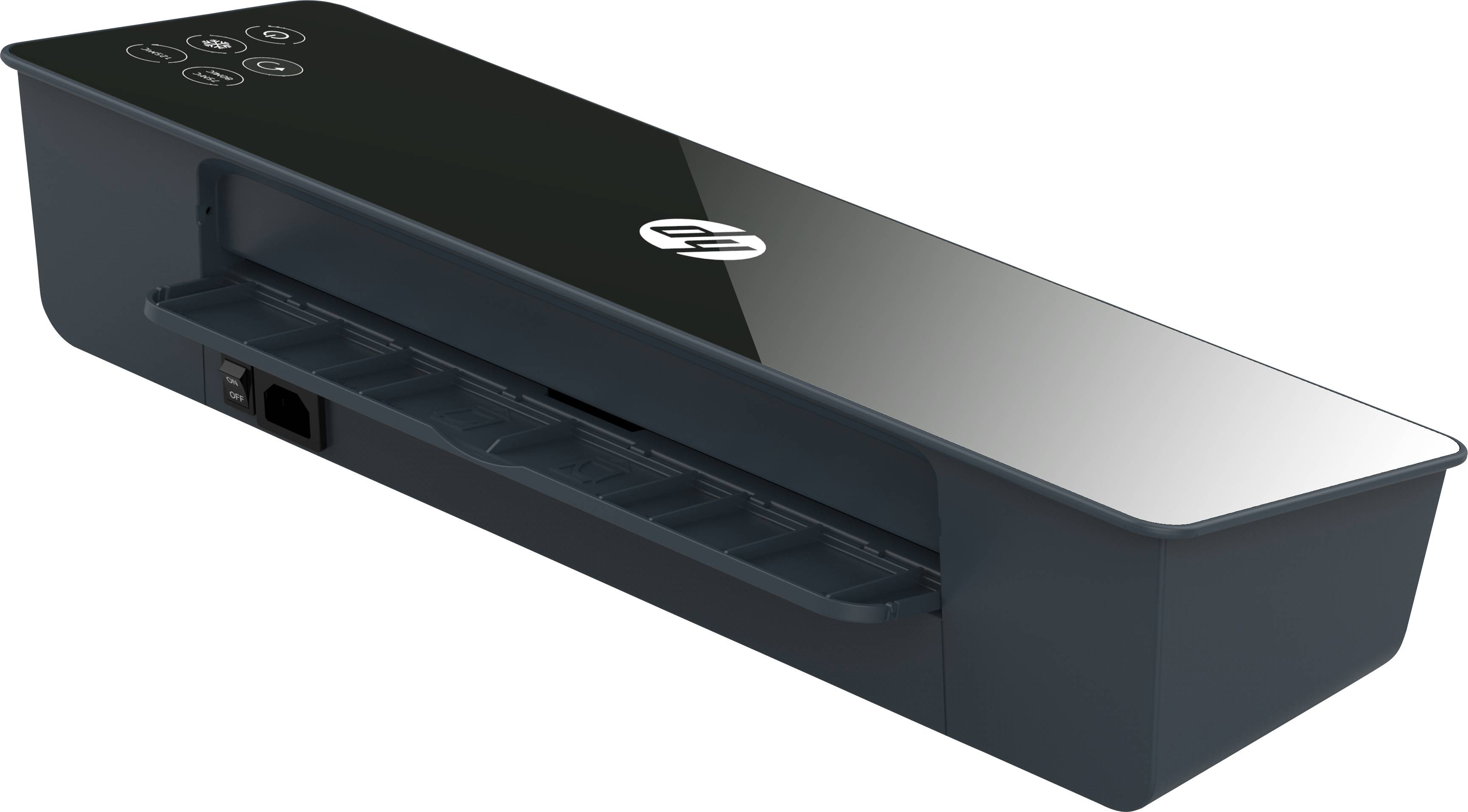 Ein rechteckiger, dunkler Dokumentenscanner mit glänzender Oberfläche und Tasten auf der Oberseite für einfache Bedienung.