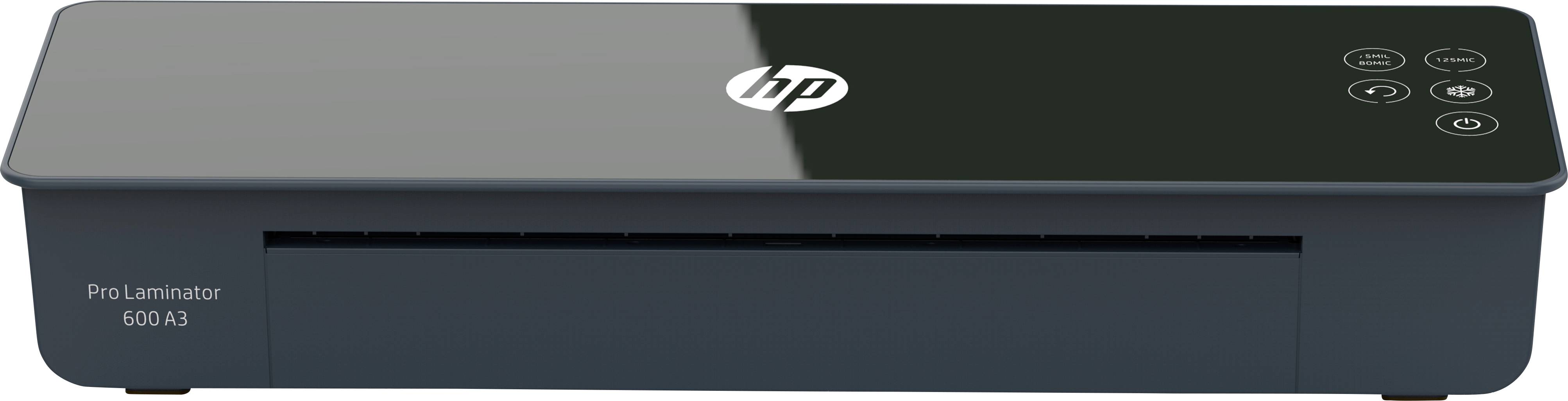 Ein schwarzer Laminator der Marke HP mit der Modellbezeichnung 'ProLaminator 600 A3', geeignet zum Laminieren von Dokumenten bis A3-Größe.
