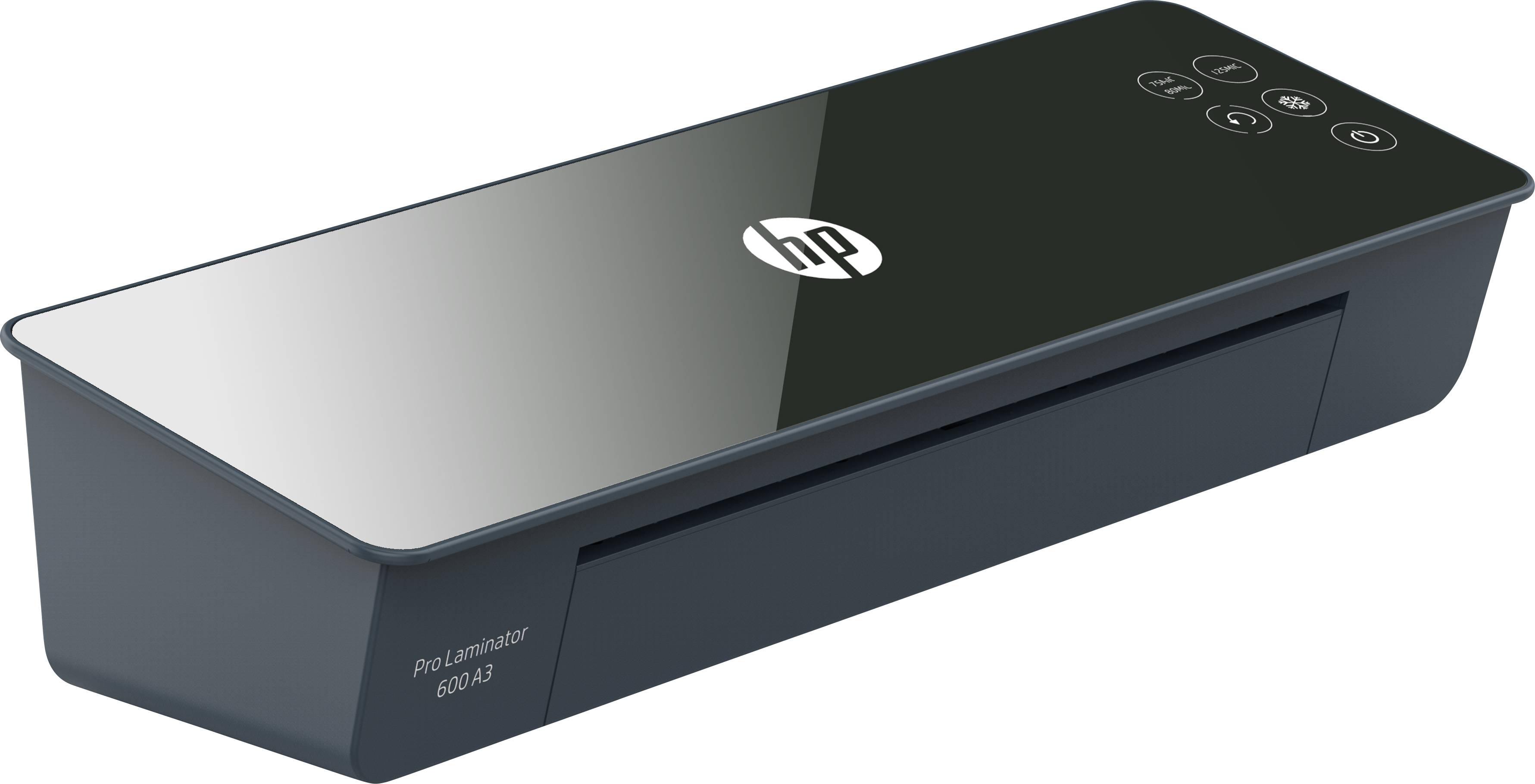 Ein schwarzer HP Laminator mit Bedienfeld oben, markiert mit 'ProLaminator 600-A3'.