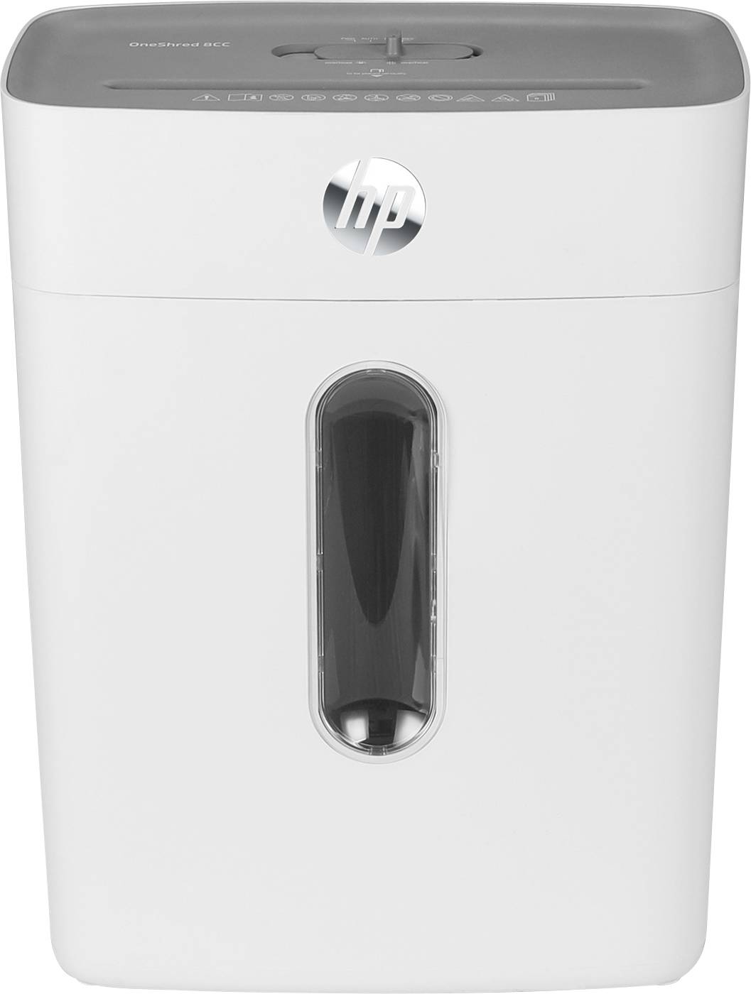 Weißer Aktenvernichter mit HP-Logo, durchsichtigem Fenster zur Überprüfung des Füllstands und grauem Bedienfeld oben.