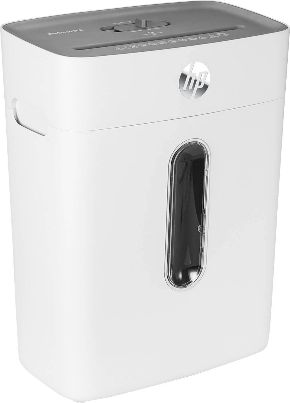 Ein weißer Aktenvernichter mit transparentem Fenster zur Füllstandsanzeige, oben Bedienelemente für Papiervernichtung.