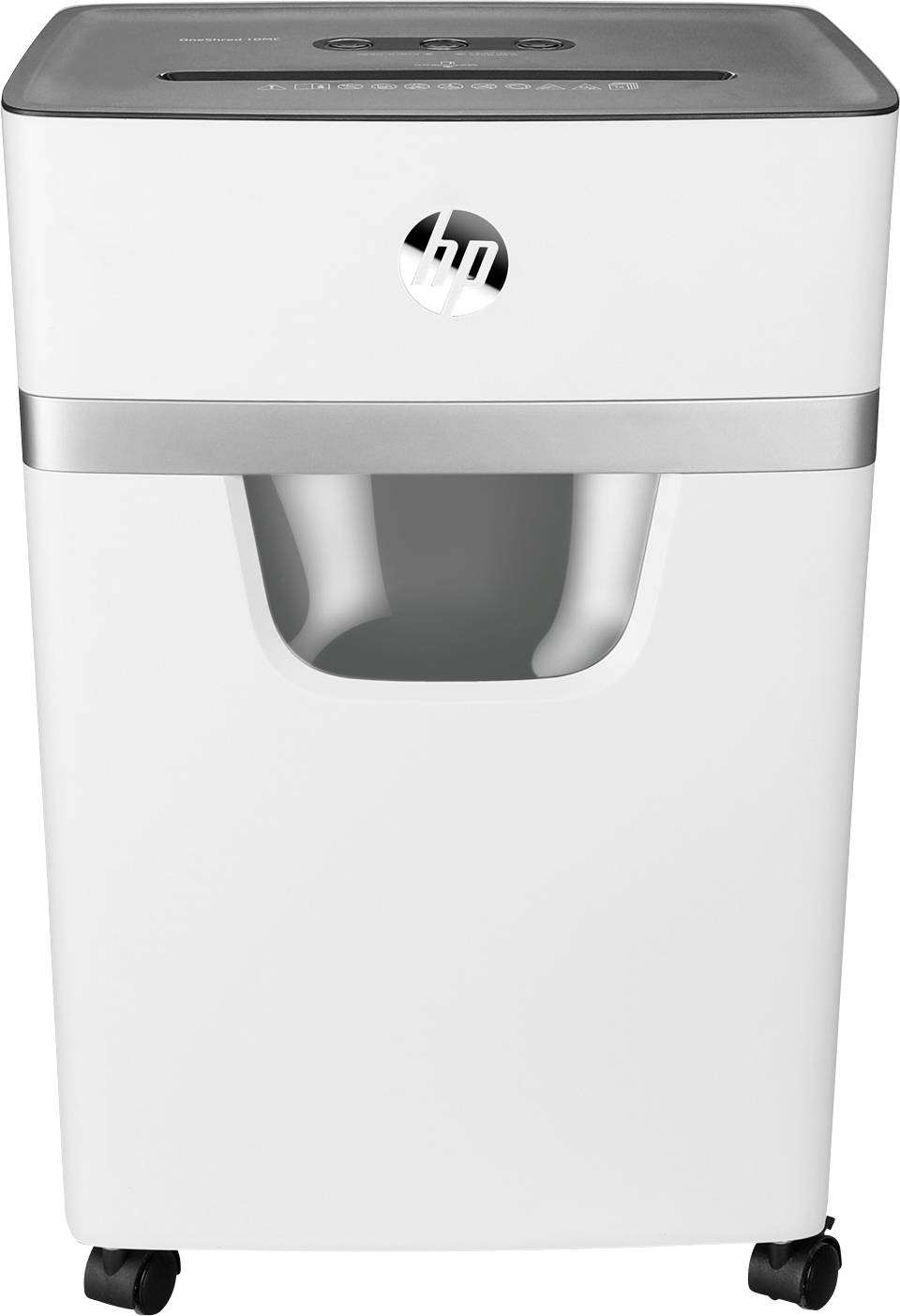 Weißer Aktenvernichter mit silbernem Streifen und transparentem Behälter zeigt modernes Design; mit Rollen für einfache Bewegung.