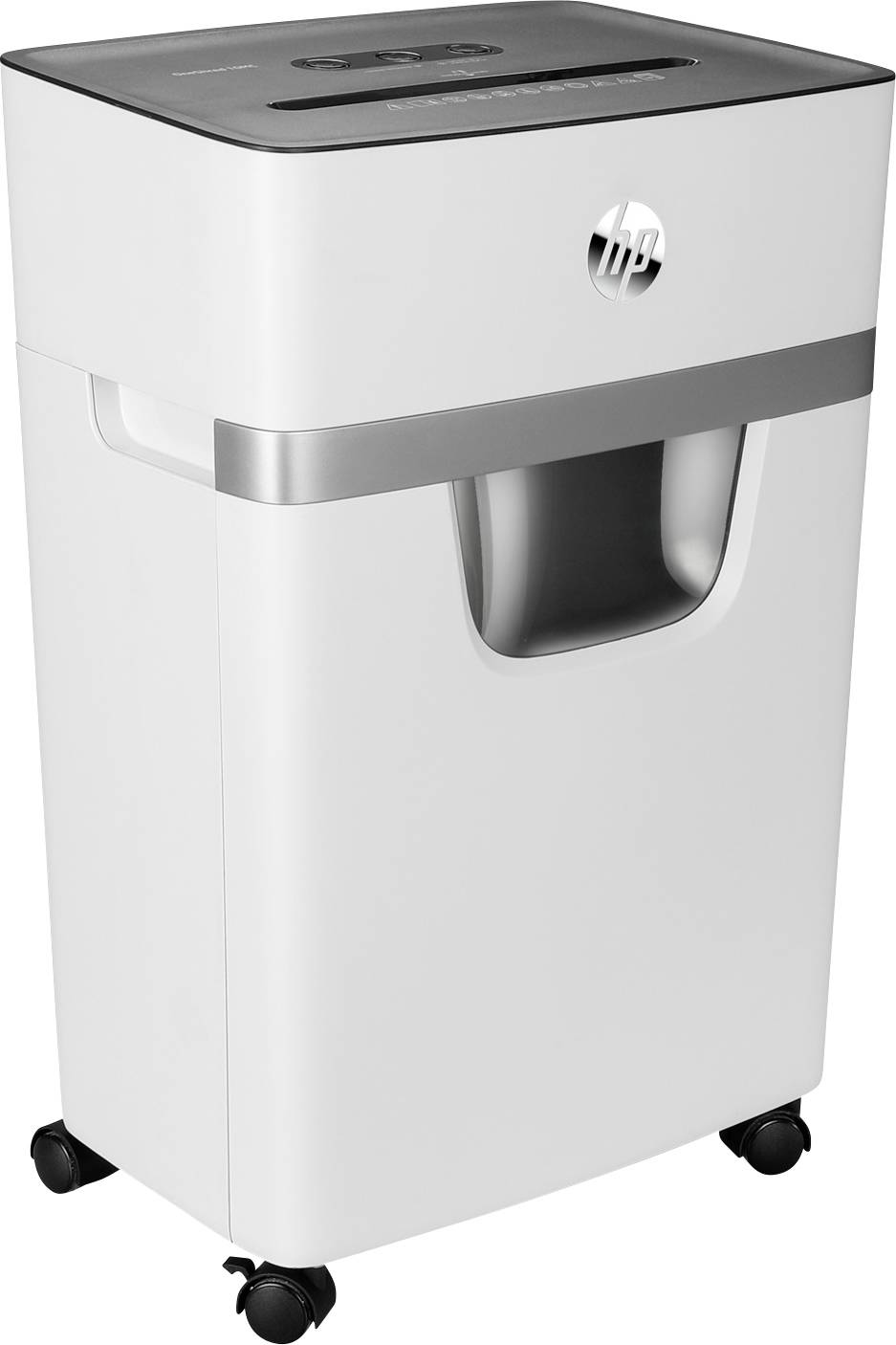 Ein weißer Aktenvernichter mit silbernen Akzenten und Rollen für leichte Beweglichkeit. Geeignet für Bürogebrauch.