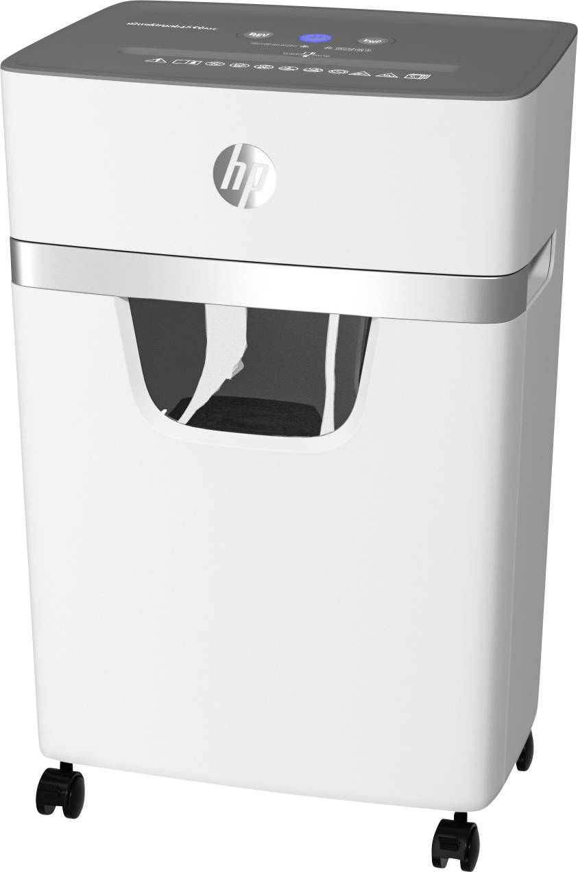 Ein weißer Aktenvernichter mit silbernem Detail und HP-Logo, auf Rollen für einfache Bewegung. Oberseite hat Tasten und eine Papieröffnung.