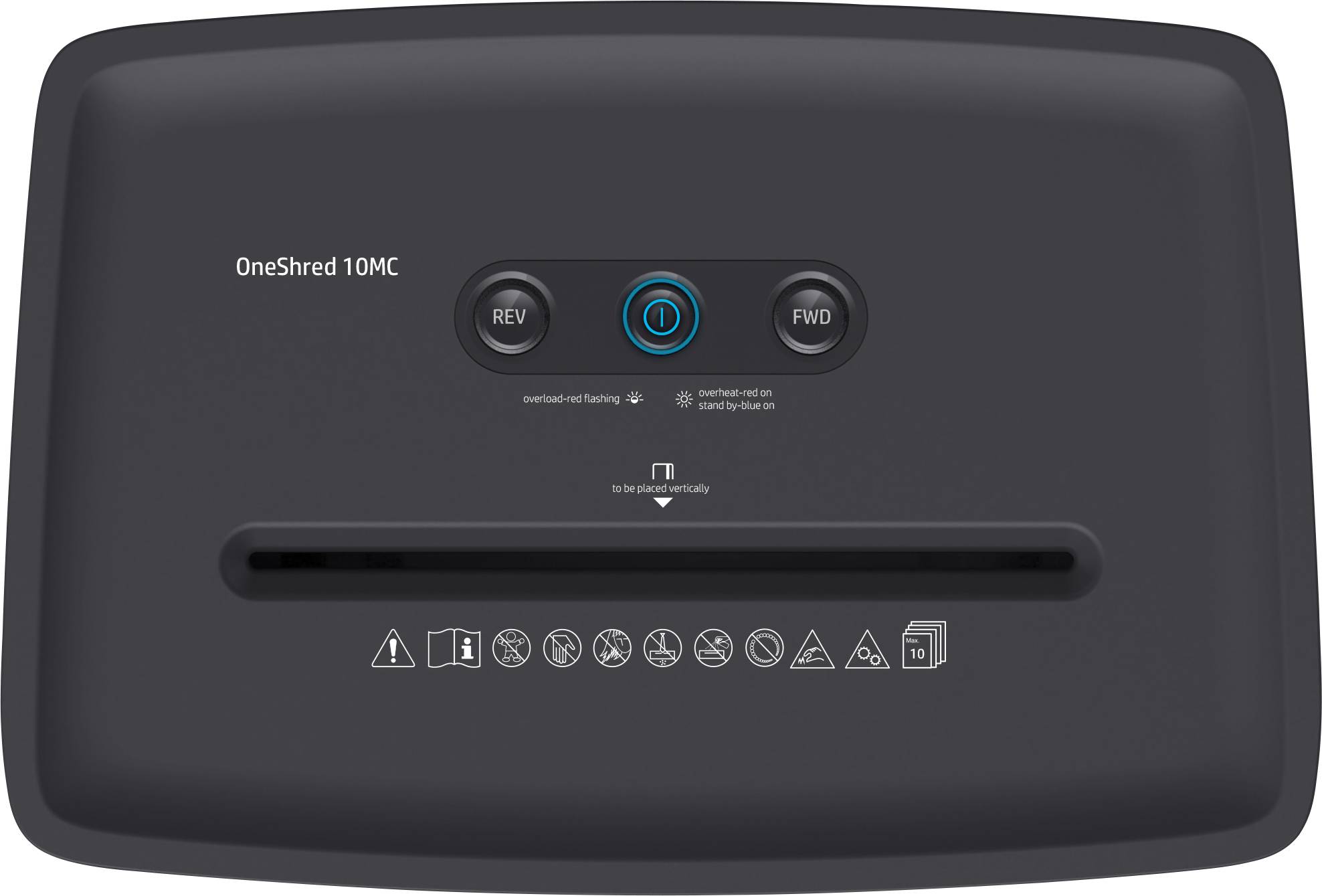 'OneShred 10MC'-Dokumentenschredder mit Tasten für Rücklauf (REV) und Vorlauf (FWD). Sicherheits- und Wartungssymbole darunter.
