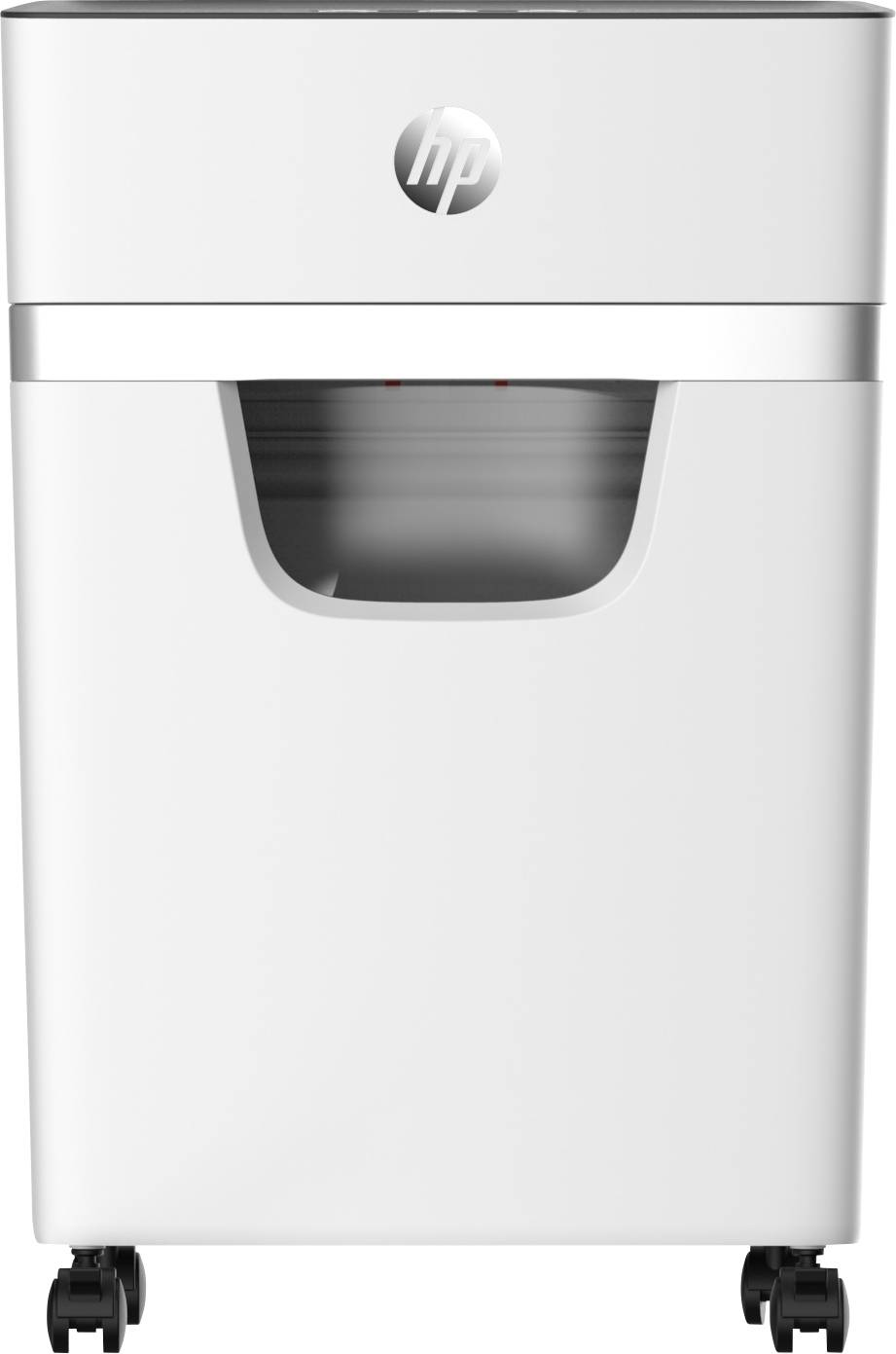 Papiervernichter auf Rollen mit durchsichtigem Fenster und grauem Frontdesign, geeignet für Heim- und Bürogebrauch.