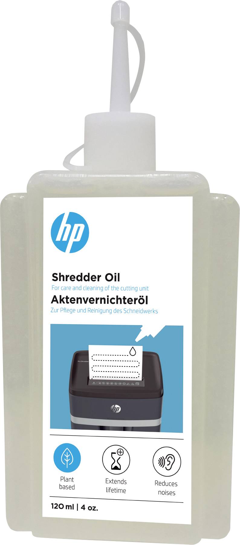 'Plastikflasche mit HP Aktenvernichteröl, 120 ml. Aufdruck zeigt Bild eines Aktenvernichters und Hinweise zur Pflege des Geräts.'
