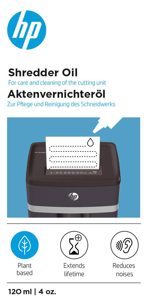 'HP Aktenvernichteröl' Flasche für Pflege und Reinigung von Schneidwerken. Verlängert Lebensdauer, reduziert Geräusche. 120 ml.