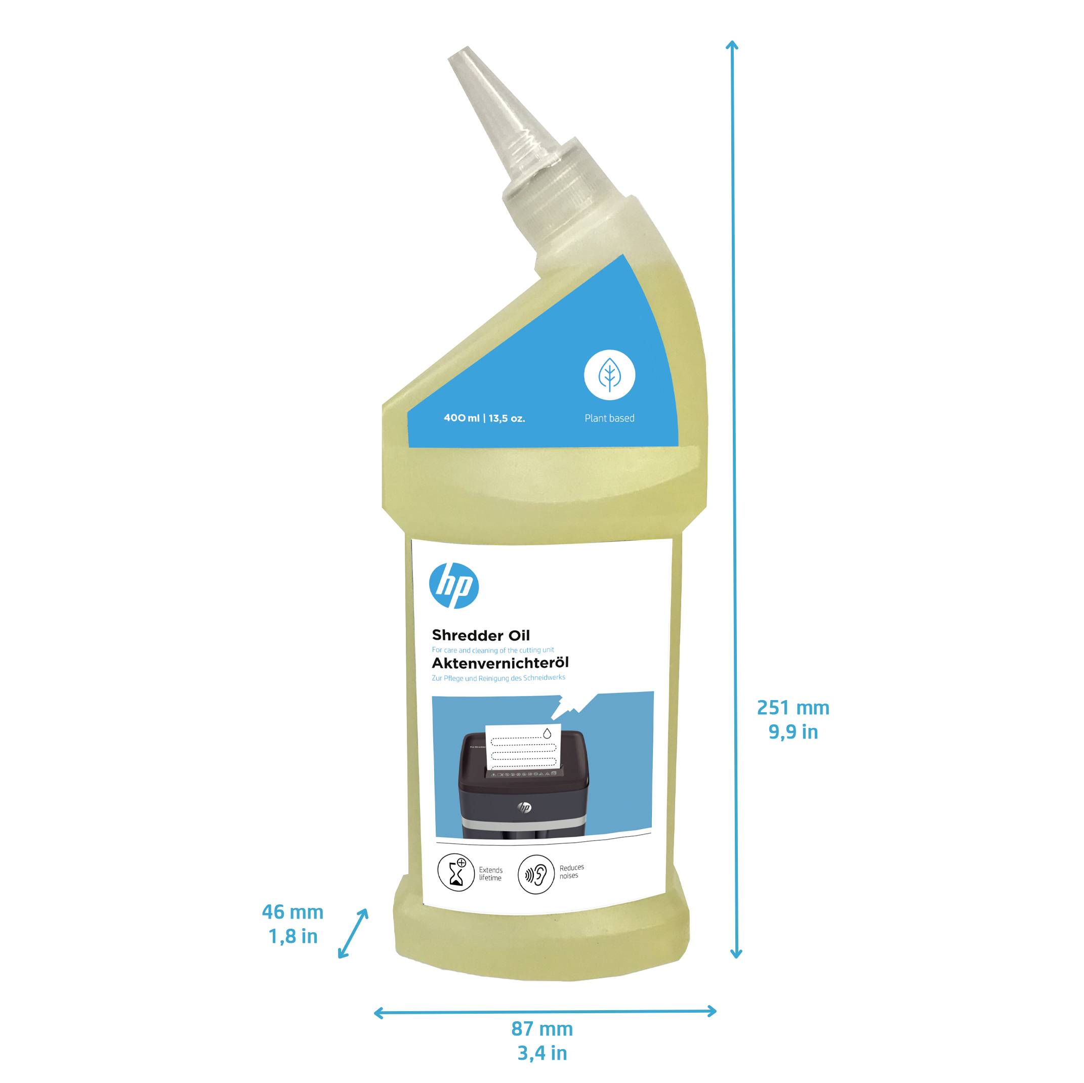 Ölflasche für Aktenvernichter von 400 ml, Höhe 251 mm, Breite 87 mm. Mit spitzer Dosierspitze.