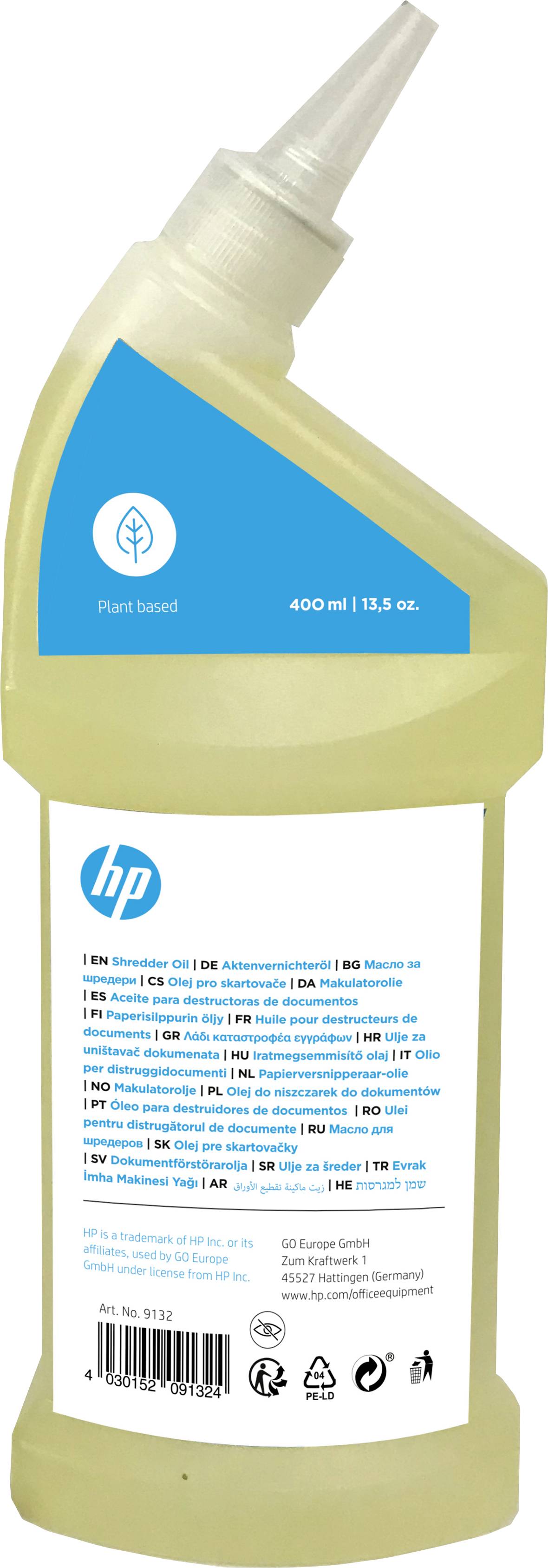 Eine Plastikflasche mit 400 ml Pflanzenöl. Das Etikett zeigt ein Blatt-Symbol und enthält Produktinformationen auf Englisch.