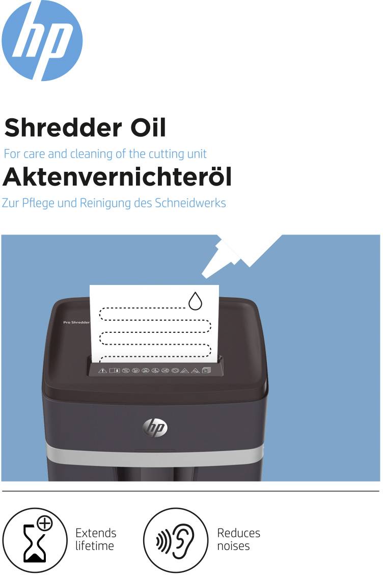 Ölflasche für Aktenvernichter von HP. Etikett zeigt Pflegeanweisung für die Schneideeinheit und symbollisiert Wasser oder Öl auf Papier.