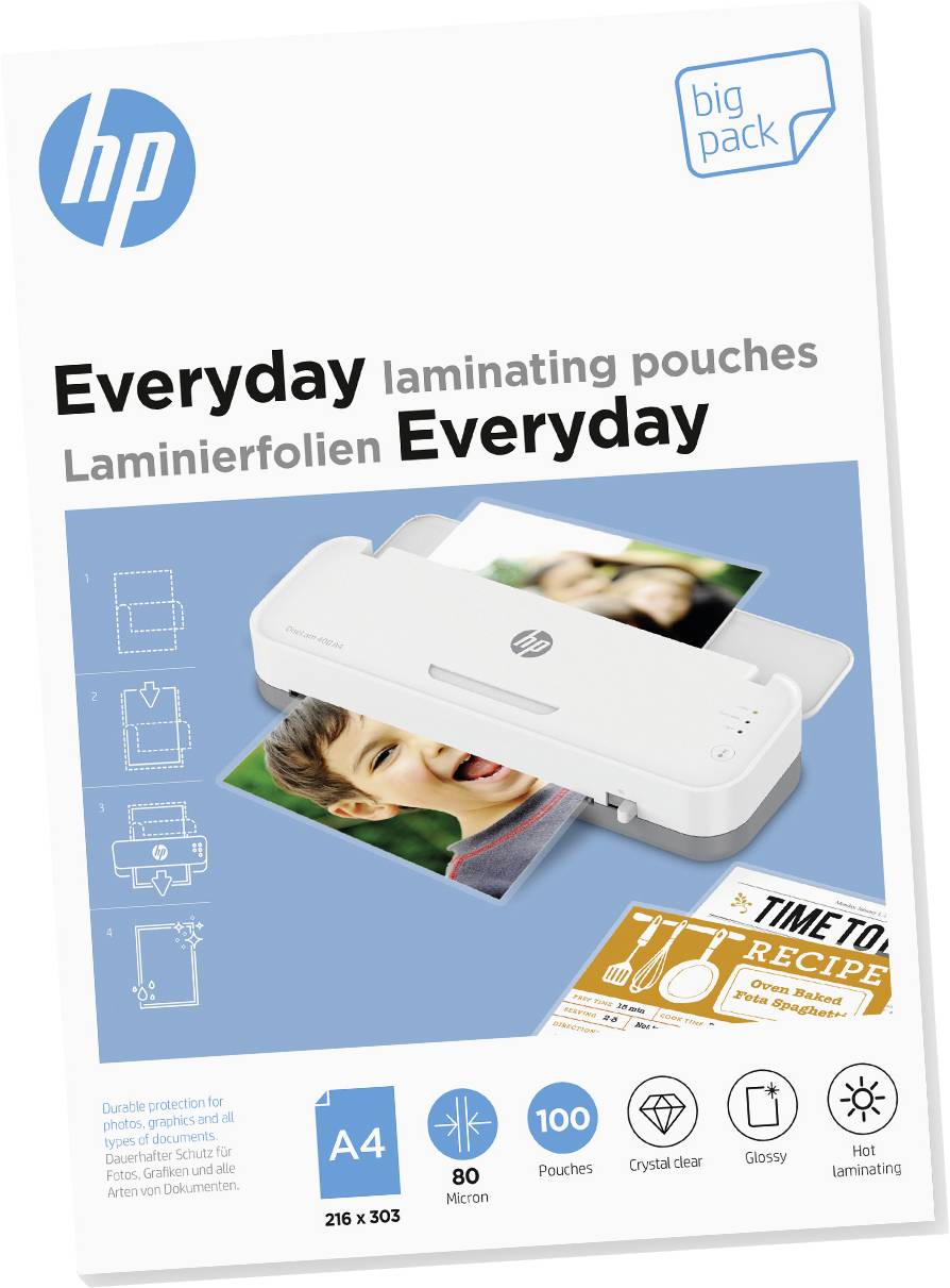 Die Verpackung zeigt HP Laminierfolien für den täglichen Gebrauch. Enthalten sind 100 A4-Folien mit 80 Mikron Stärke und glänzender Oberfläche.