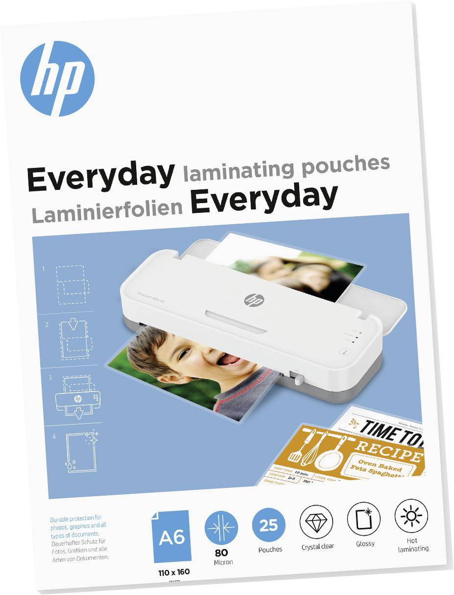HP-Laminierfolienverpackung mit blauem Hintergrund. Zeigt ein Laminiergerät und Fotos. Text: 'Everyday laminating pouches'.