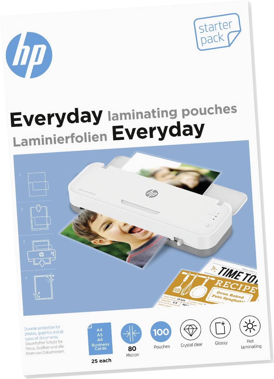'HP Everyday Laminierfolien Starterpack', Abbildung eines Laminiergeräts mit Fotos und abgebildeten Symbolen zur Folienstärke und Menge.