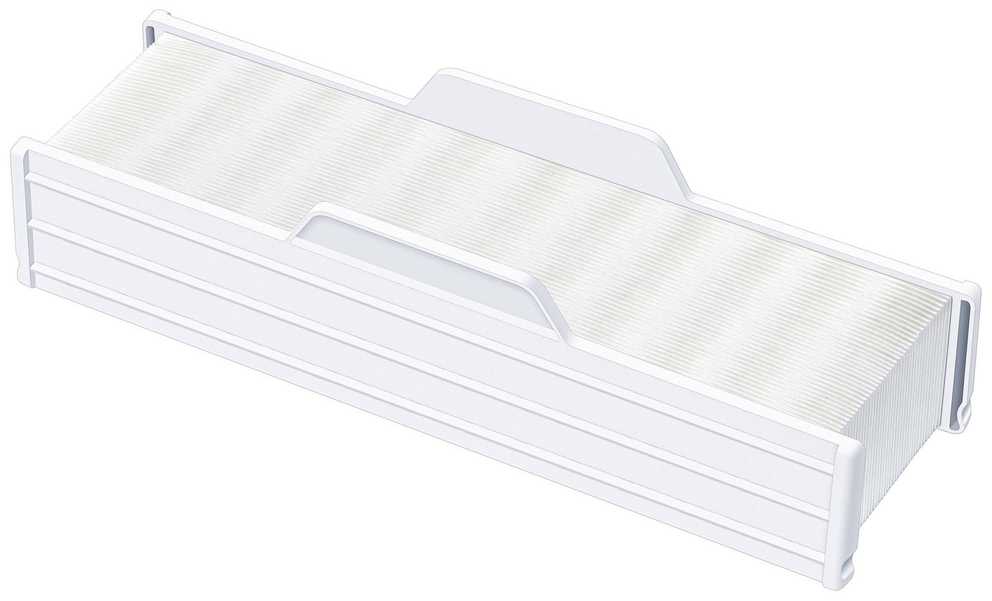 Ein länglicher weißer Filter mit Rillen und Griffen an den Seiten, wahrscheinlich ein Luft- oder Wasserfilter für ein Gerät.