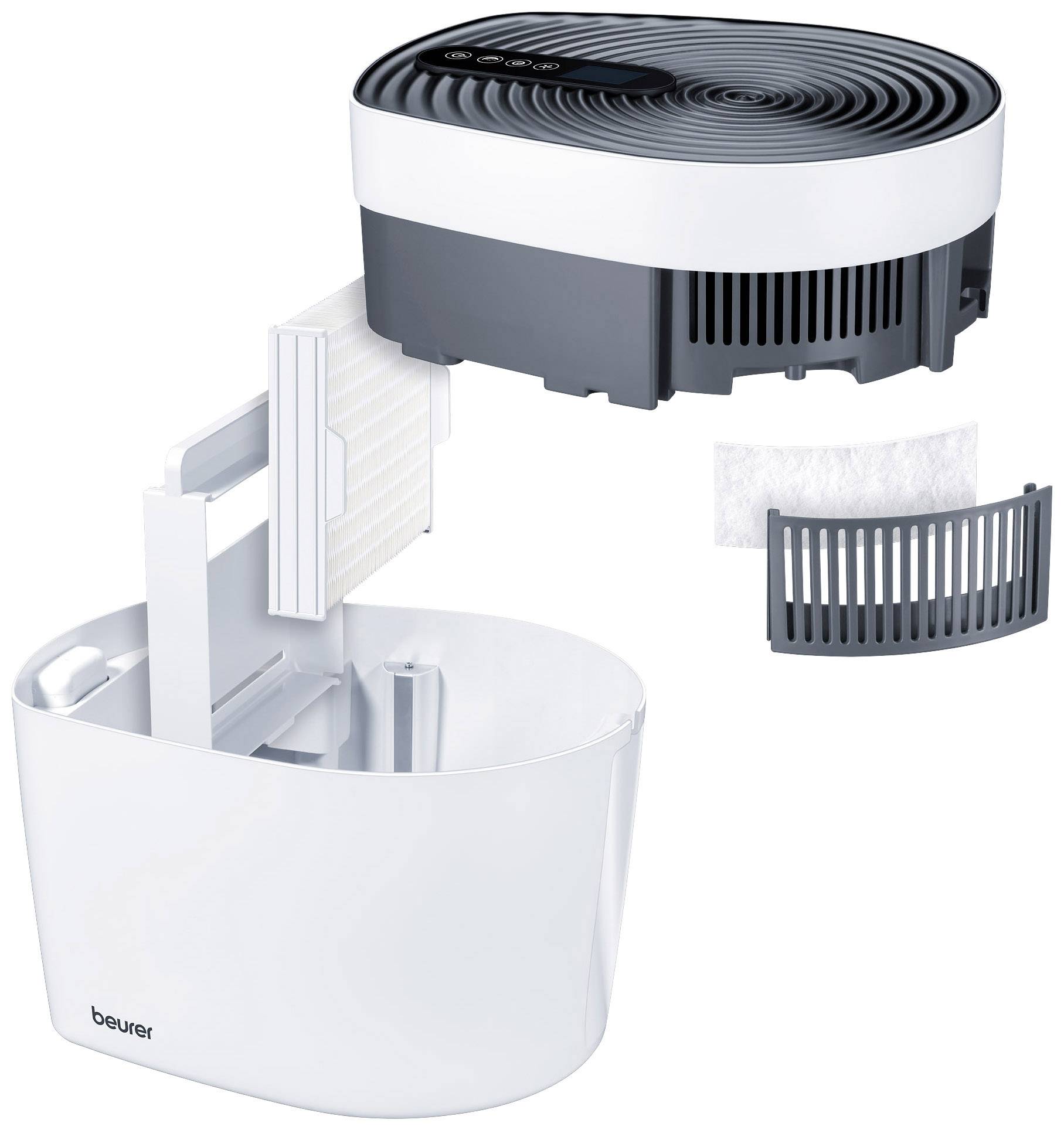 Luftbefeuchter in Einzelteilen: obere Abdeckung mit Lüfter, herausnehmbares Filterelement und Basis mit Wasserbehälter.