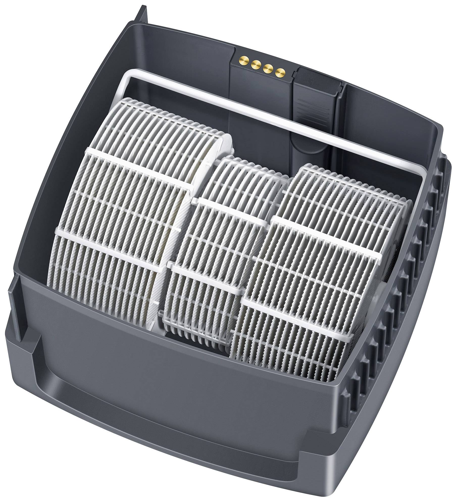 Eine graue Plastikbox mit drei rotierenden Filterwalzen, die zur Wasserreinigung in einem technischen oder industriellen System verwendet werden können.