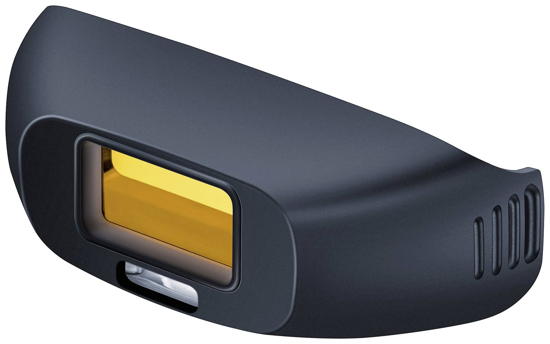 Ein schwarzes Kunststoffgehäuse mit einem gelben Fenster an der Vorderseite, vermutlich Teil eines technischen Geräts oder Sensors.