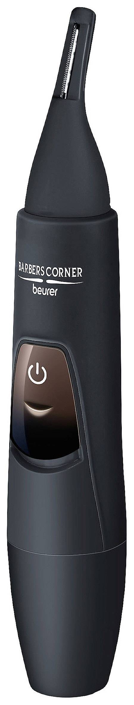Schwarzer Nasen- und Ohrhaartrimmer mit gebogenem Schneidekopf und Ein-/Aus-Schalter in der Mitte; Markenname 'Beurer Barber's Corner'.