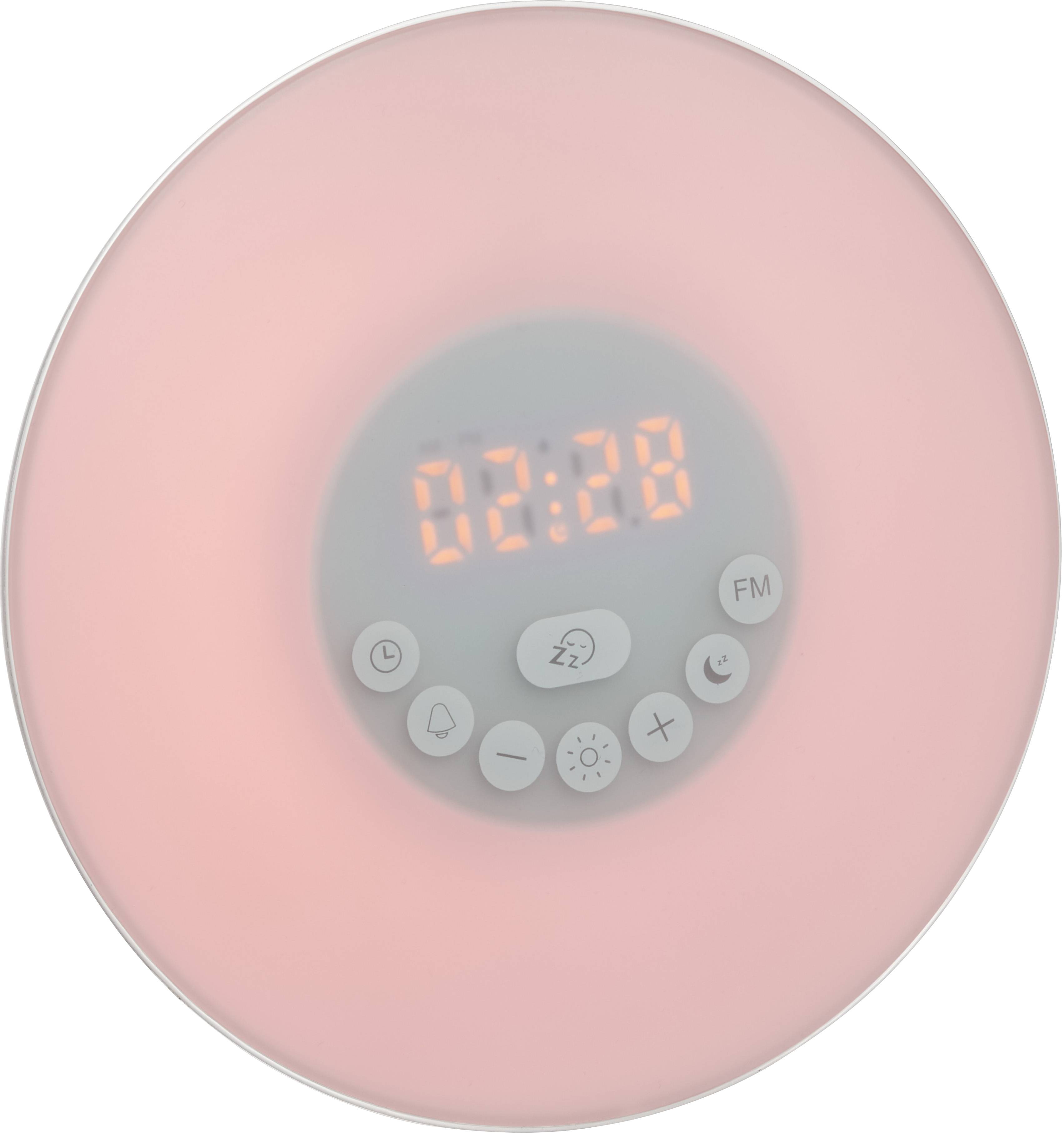 Runder Wecker mit rosa Licht, zeigt '02:28' an. Enthält Tasten für Wecker, Lautstärke und Lichtintensität.
