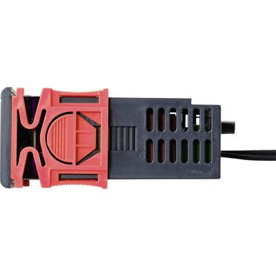 Ein schwarzes elektrisches Gerät mit rotem Plastikclip. Es hat ein Kabel und Lüftungsschlitze. Verwendung unklar.