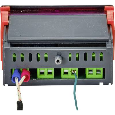 Elektrisches Steuergerät mit vier Anschlussklemmen und Kabeln in verschiedenen Farben. Dient zur elektrischen Verbindung und Steuerung.