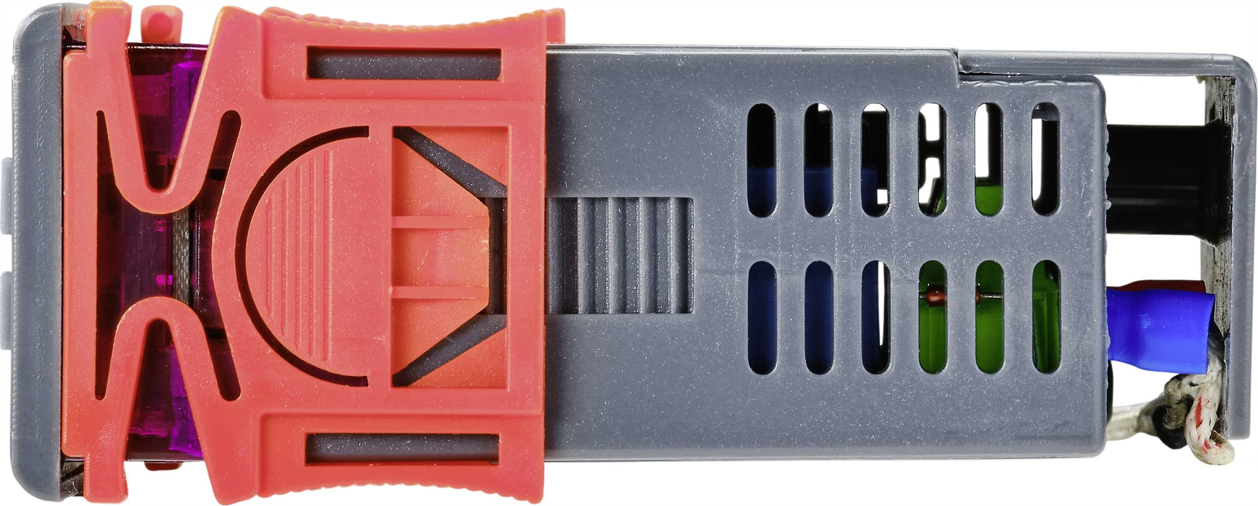 Ein roter und grauer elektrischer Steckverbinder, teilweise geöffnet, zeigt die inneren Verbindungen und Kabel.