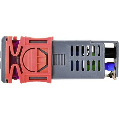 Ein roter und grauer elektrischer Steckverbinder, teilweise geöffnet, zeigt die inneren Verbindungen und Kabel.