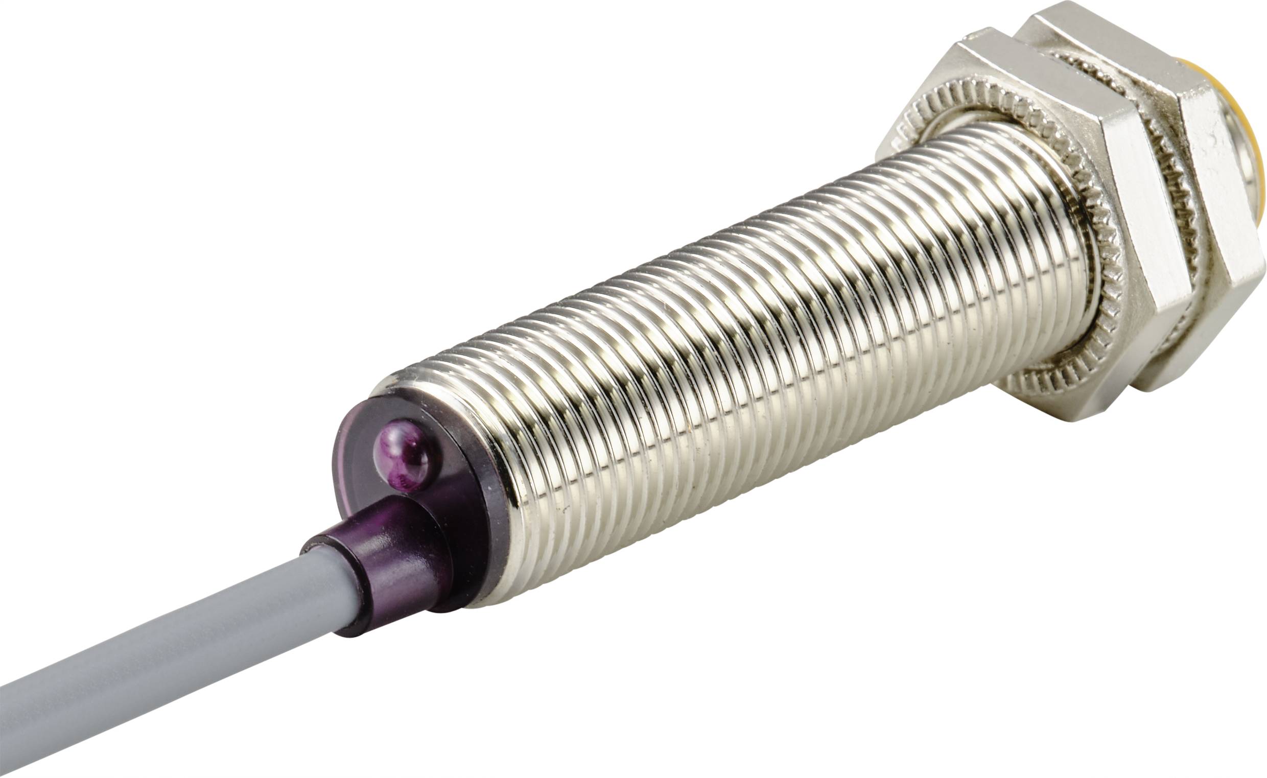 Ein zylindrischer, metallischer Sensor mit Gewinde und Kabelanschluss, typischerweise genutzt für industrielle Anwendungen zur Objekterkennung.