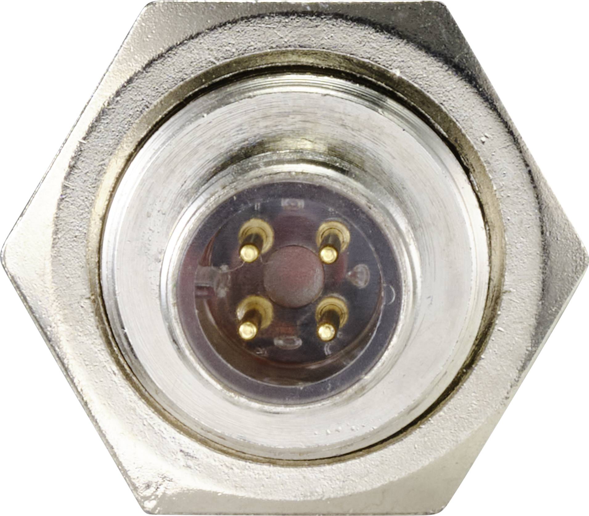 Sechspoliger elektrischer Steckverbinder in einer sechseckigen Metallfassung, Draufsicht auf die Kontakte.