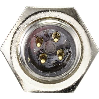 Metallischer Steckverbinder von oben betrachtet, zeigt vier goldfarbene Pins innen.