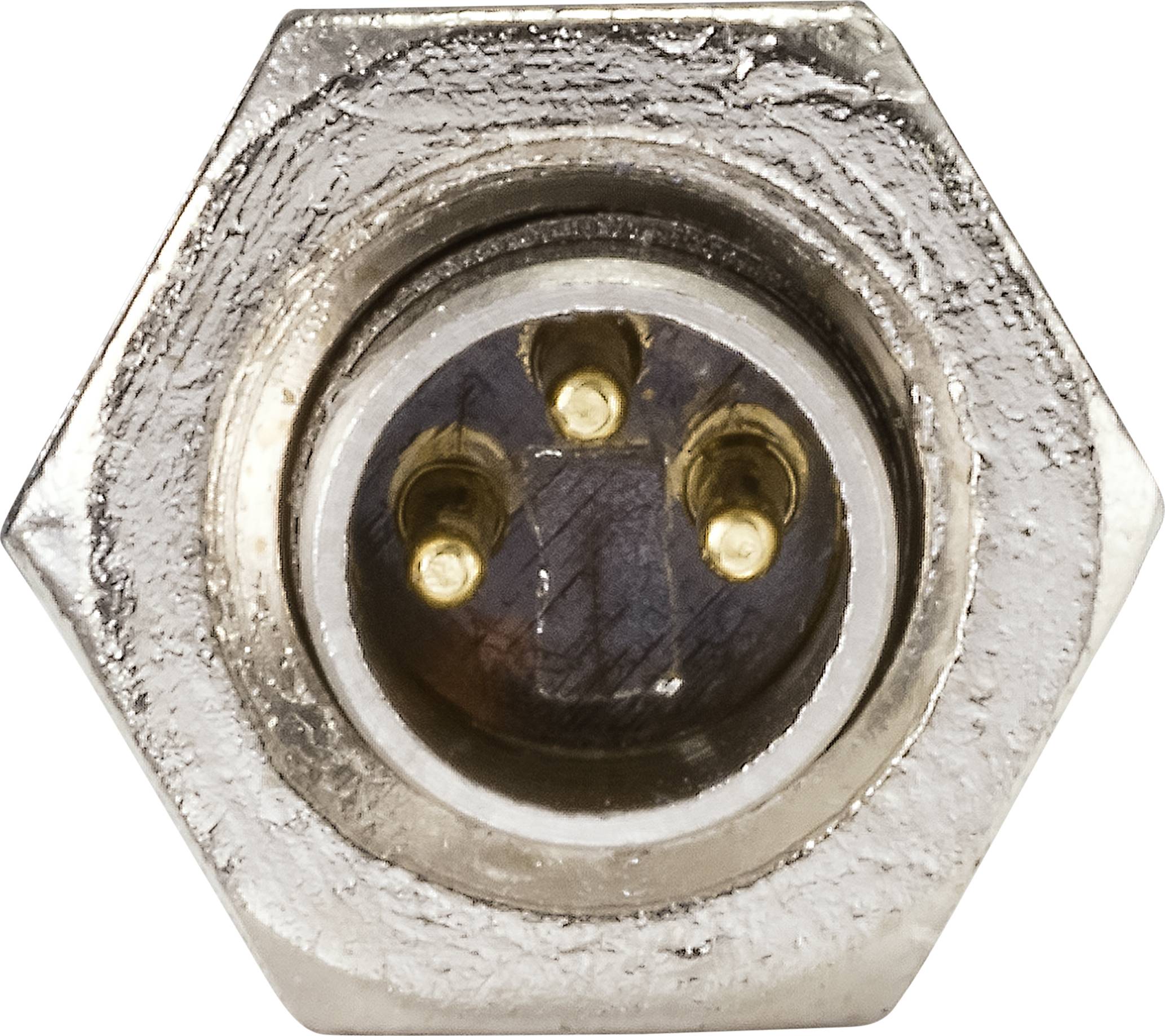 Dreipoliger elektrischer Stecker mit sechseckigem Metallgehäuse, zentral platziert.