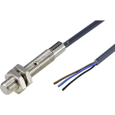 Ein zylindrischer, metallischer Sensor mit angeschlossenen Kabeln; ein blauer, ein brauner und ein schwarzer Draht sind sichtbar.